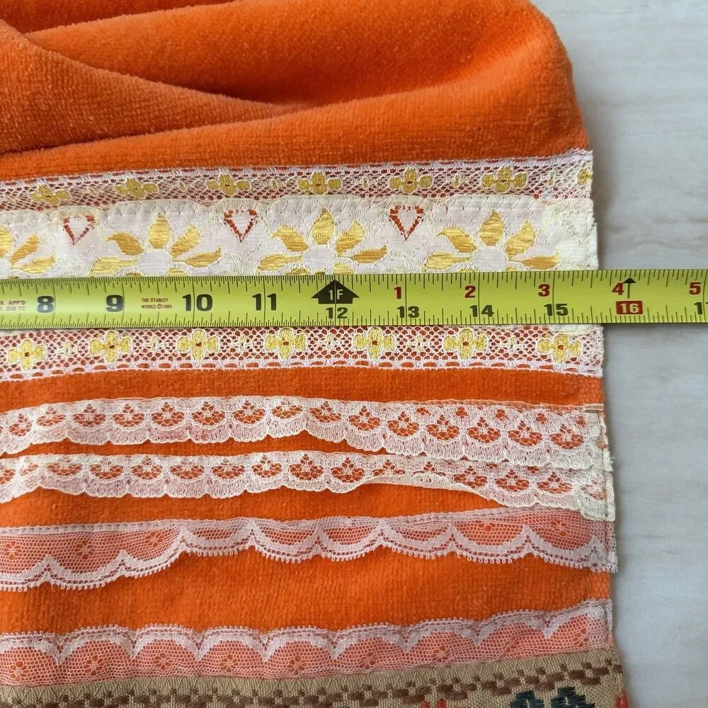 VTG St. Mary’s 70s Orange Bath Towel Set Boho Cottagecore Lace Trim Floral USA